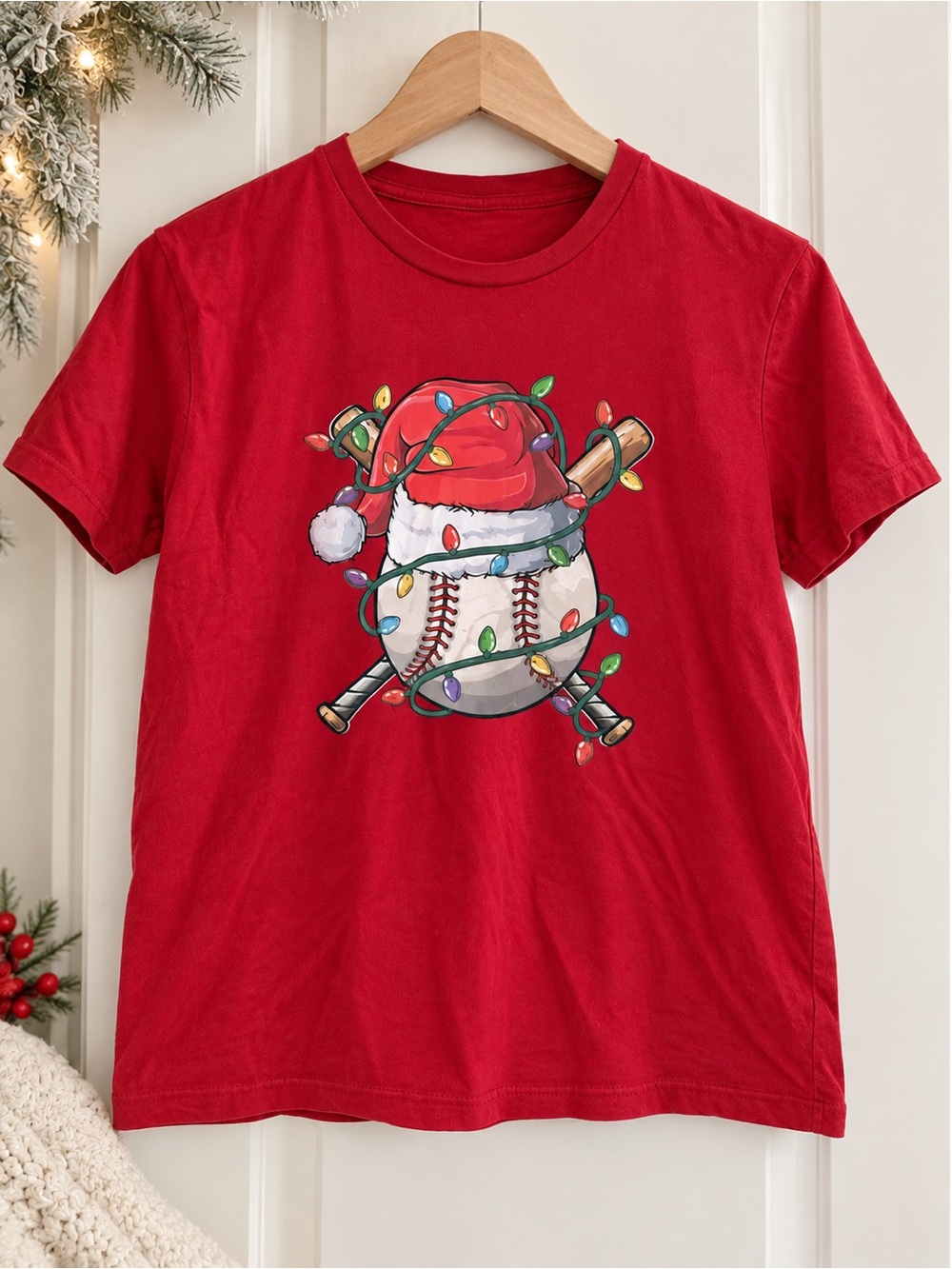 Red Christmas baseball tee, youth large
